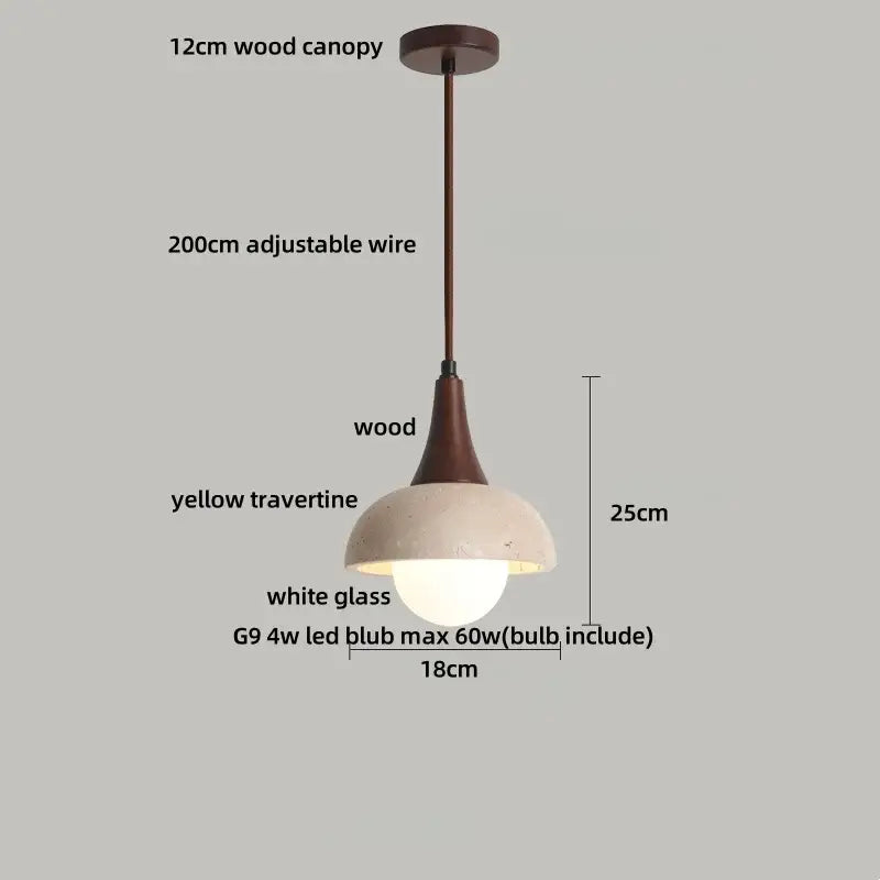 Minimalist yellow travertine stone pendant light with yellow travertine shade and wood canopy for dining room lighting