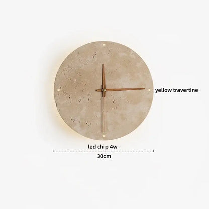 A circular wall clock with a yellow travertine face and wooden hands complements decorbites led wall light bedroom decor