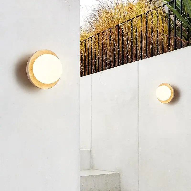 Minimalist yellow travertine and white glass led wall light with warm glow and wooden frame for modern wall light decorbites led wall