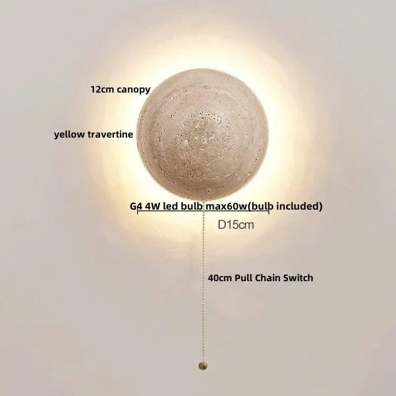 Minimalist yellow travertine and white glass led wall light with 12cm canopy and 40cm pull chain switch decorbites led wall light