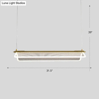 Modern rectangular pendant light with gold metal frame and white mesh shade for minimalistic acrylic dining use