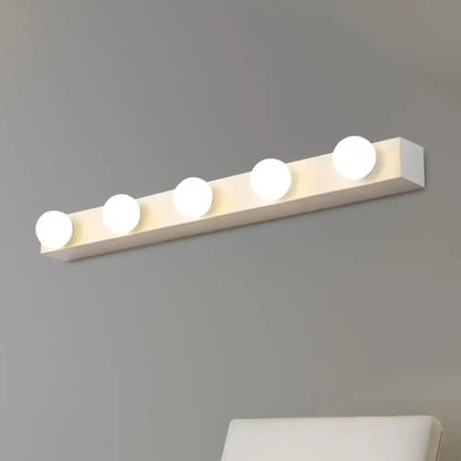 Minimalistic white rectangular vanity lighting fixture with five open bulb lights for modern bathroom use