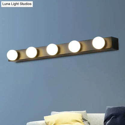 Modern matte black wall-mounted vanity lighting fixture with four open bulb lights for bathroom use