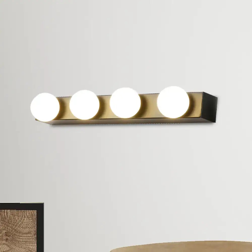 Minimalistic white 4 light vanity lighting fixture with open bulb frosted glass and brass finish for bathroom vanity lighting