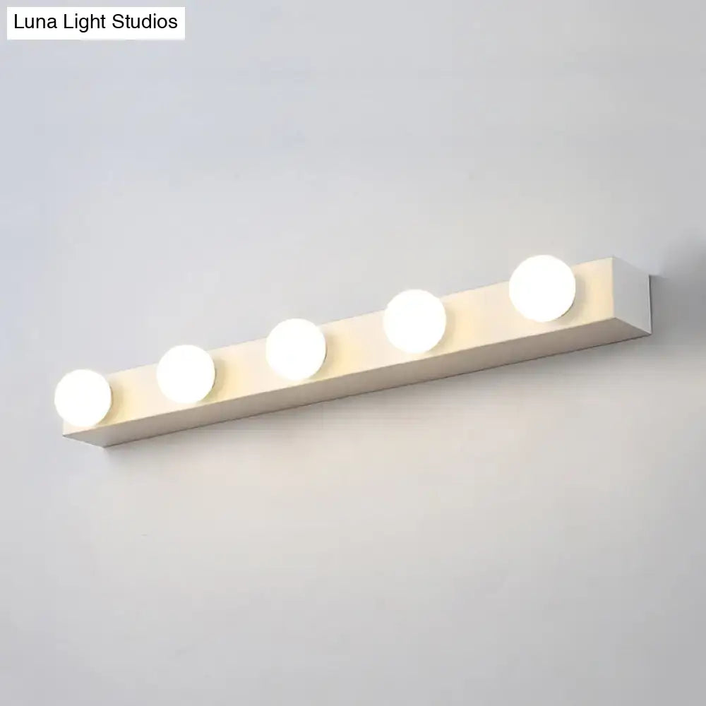 Minimalistic white rectangular vanity lighting fixture with five open bulb lights for bathroom use