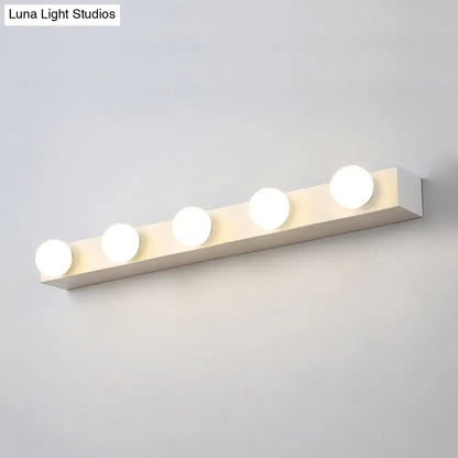 Minimalistic white rectangular vanity lighting fixture with five open bulb lights for bathroom use