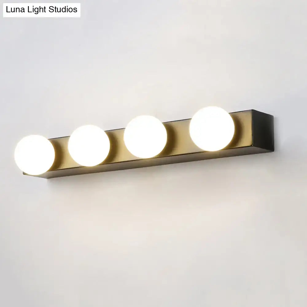 Minimalistic white 4 light vanity lighting fixture with open bulb design and brass-finished rectangular bar for bathroom use