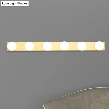 Gold-finished vanity lighting fixture with five open bulb lights for bathroom minimalistic white 4 light setup