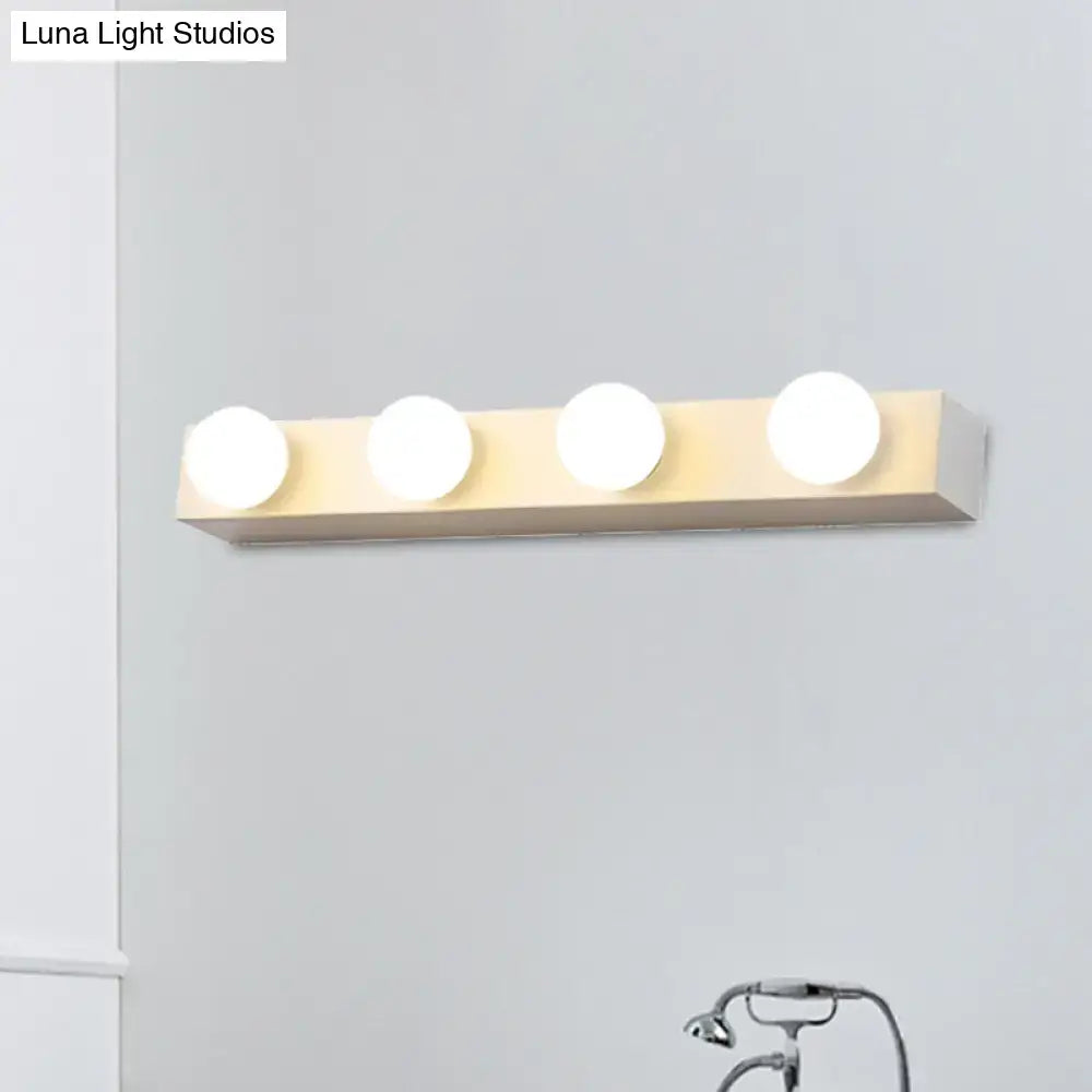 Minimalistic white 4 light vanity lighting fixture with open bulb design and bright round bulbs for bathroom vanity lighting
