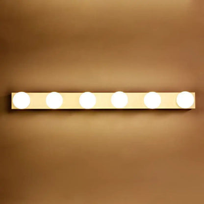 Gold-toned vanity lighting fixture with five open bulb circular lights for bathroom use
