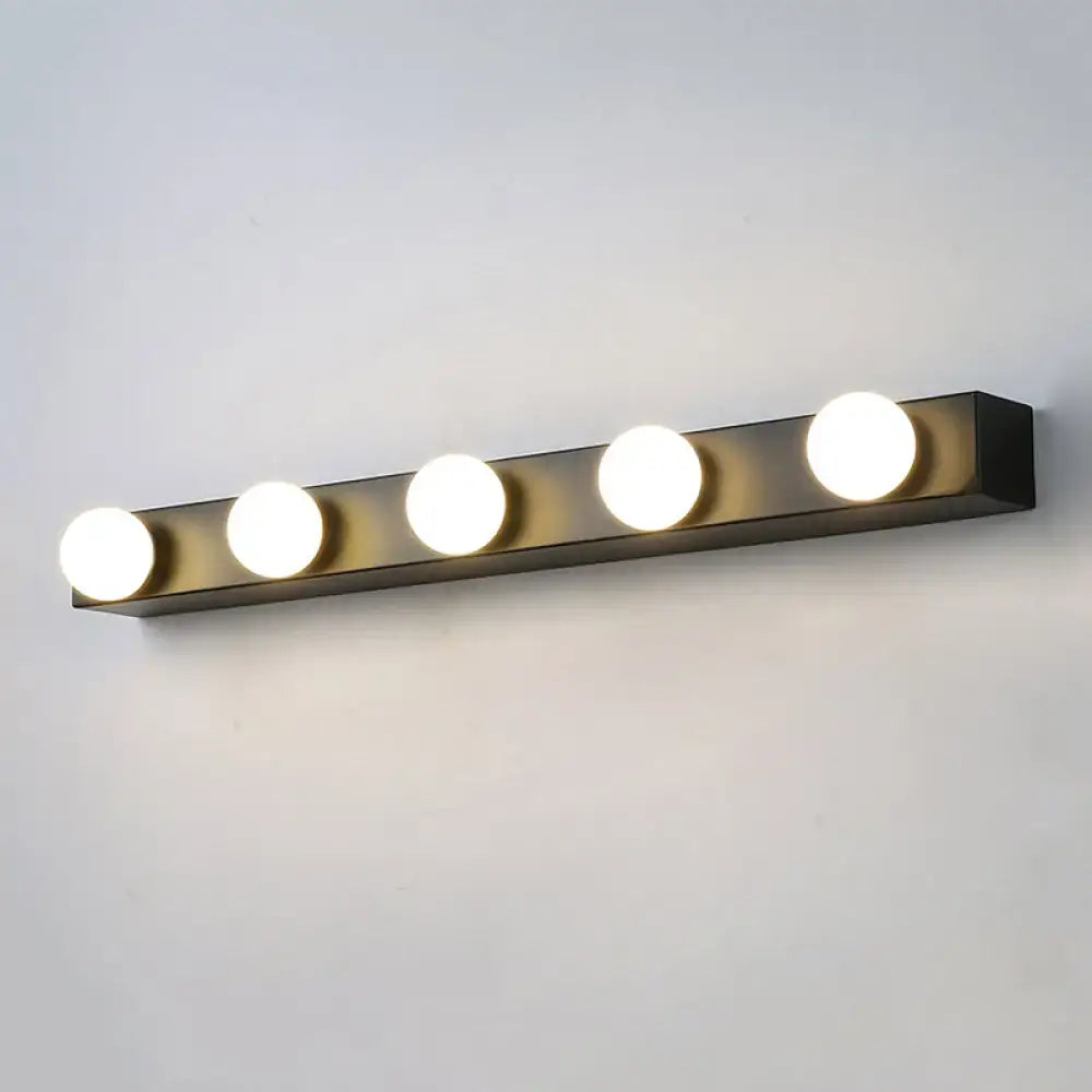 Modern black metal vanity lighting fixture with four bright open bulb lights for bathroom use