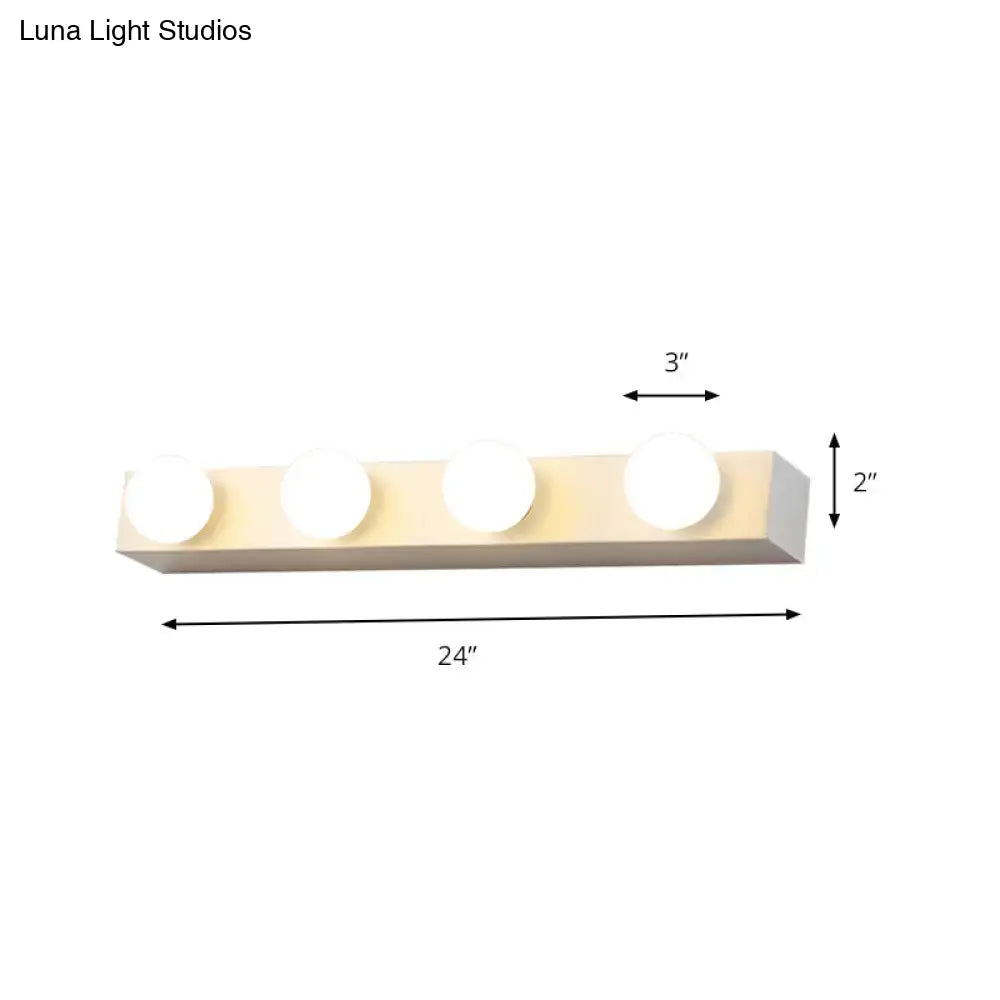 Minimalistic white 4 light vanity lighting fixture with open bulb design and matte off-white finish for bathroom use