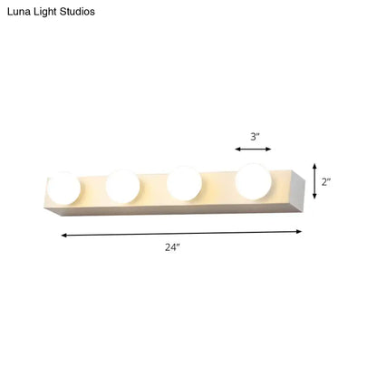 Minimalistic white 4 light vanity lighting fixture with open bulb design and matte off-white finish for bathroom use