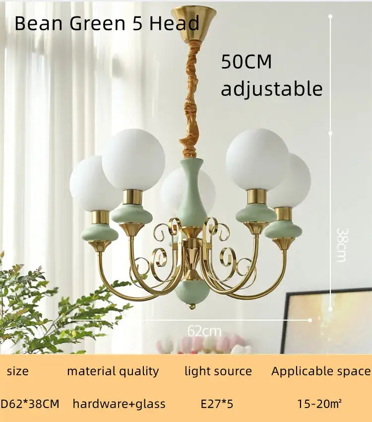 Mint and gold cream style led chandelier with ceramic body and frosted glass globes for dining room decorbites cream style