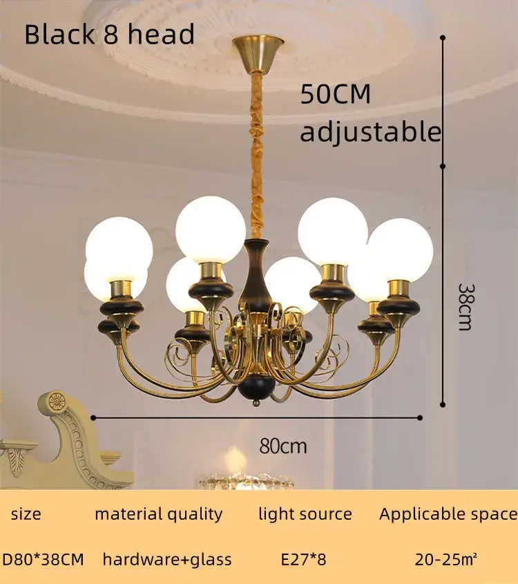 Brass-finished brass style led chandelier with eight frosted glass globe bulbs and black accents for dining room decorbites cream style