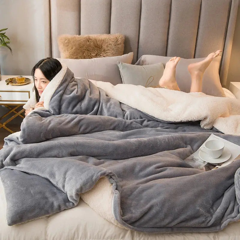 Soft gray plush blanket with white fleece interior draped over person in bed from mint and cream flannel duvet cover decorbites cozy dual collection