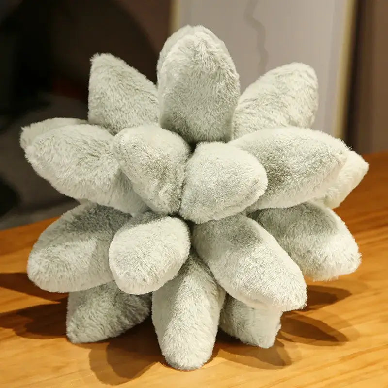 Mint green 3d plush succulent cactus pillow with soft light gray fuzzy layered leaf segments for living room use