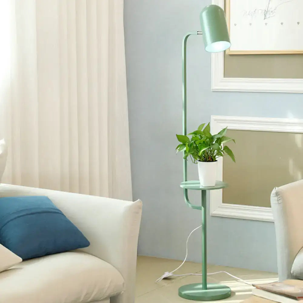 A sleek mint green metal floor light with adjustable curved neck and wood shelf holding plant compatible with 220v-240v and 110v-120v