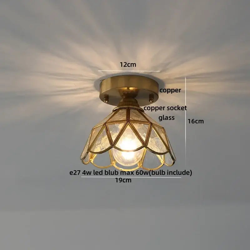 Vintage-style copper ceiling light with geometric blue flower glass shade for bedroom decorbites blue flower model