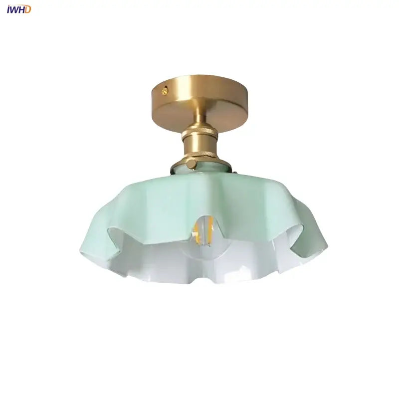 Mint green blue flower glass ceiling light with ruffled petals and brass-finished mounting fixture for bedroom decorbites blue flower
