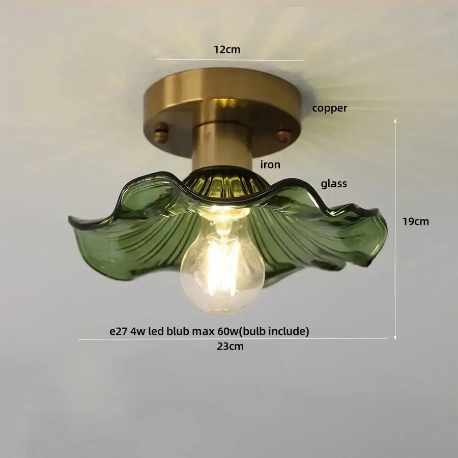 Mint green blue flower glass ceiling light with a green glass leaf pendant and copper iron mounting base decorbites blue flower