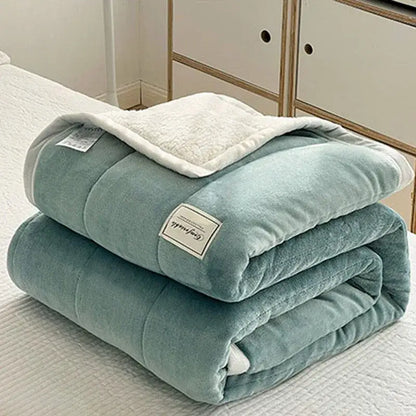 Mint green and cream imitation lambs wool blanket with plush white lining and quilted stitching decorbites cozy design