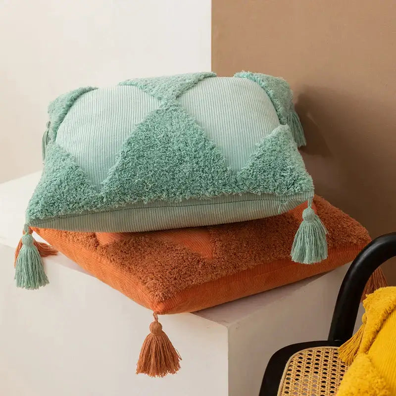 Mint green corduroy cushion cover with textured fuzzy diamond tassel cushion pattern for living room decor