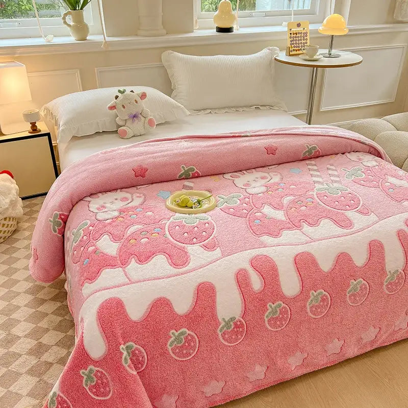 Pink strawberry-themed plush blanket with soft texture and embroidered cartoon characters for dinosaur patterns decorbites