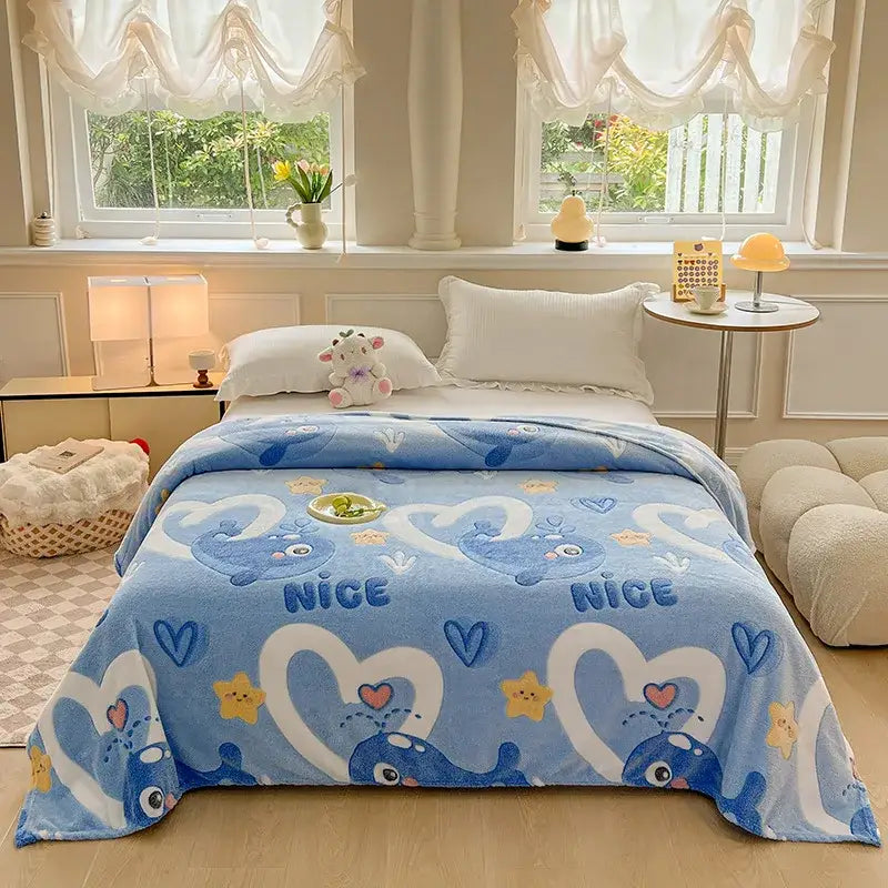 Light blue plush blanket with playful cartoon whales white hearts red centers yellow stars and nice text for bedroom decorbites dinosaur patterns snowflake velvet blanket