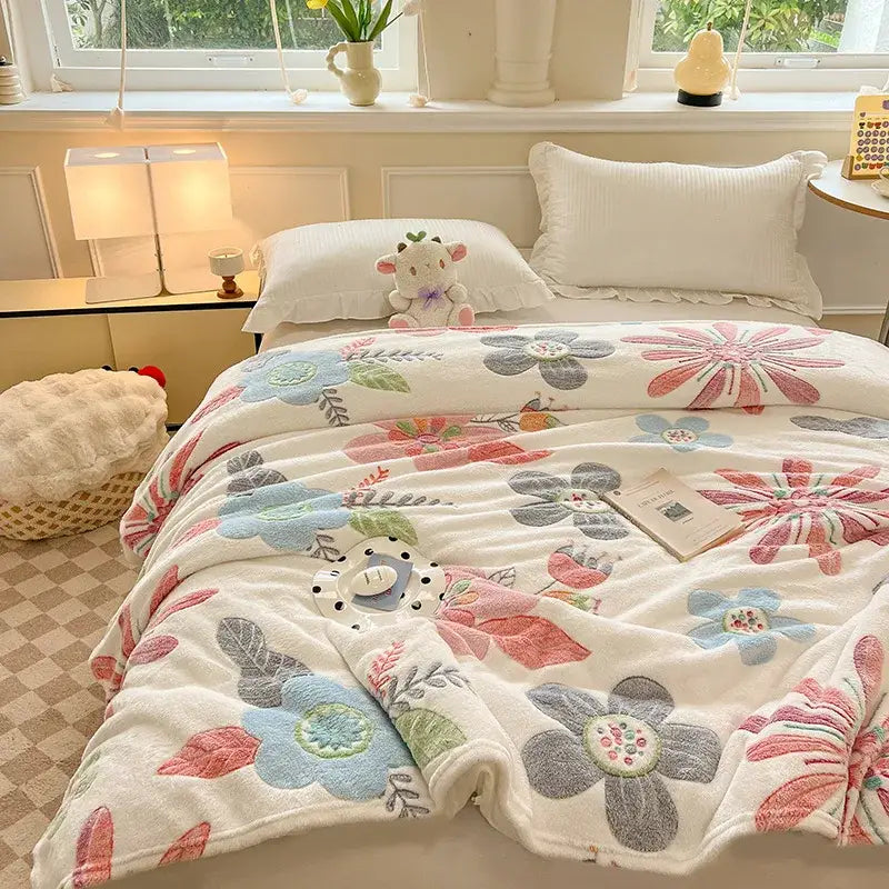 A cozy white fleece blanket with colorful embroidered flowers featuring dinosaur patterns snowflake decorbites design