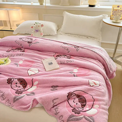 Pink plush blanket with cute cartoon girls and lucky day text paired with decorbites dinosaur patterns snowflake velvet blanket
