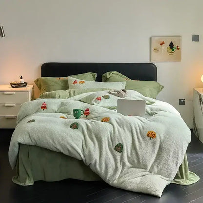Mint green embroidered matte ant velvet duvet set with soft plush blanket featuring autumn trees and leaves design