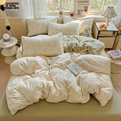 Cream-colored floral-patterned duvet cover set with soft textured fabric for a mint green floral bedroom decor