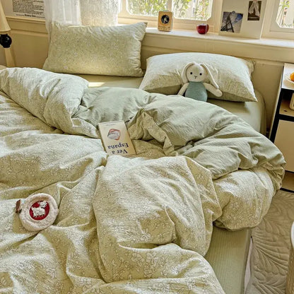 Soft mint green floral double layer yarn duvet cover set with cozy textured fabric finish for bedroom use