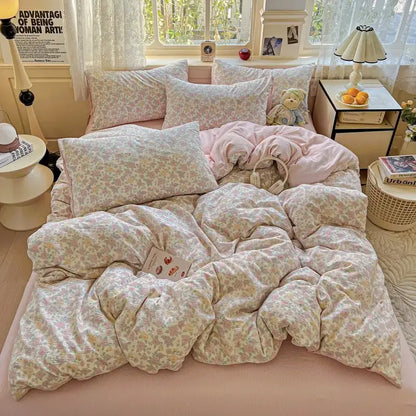 Soft pastel floral duvet cover set with muted pink cream pattern on lightweight fabric for bedroom use