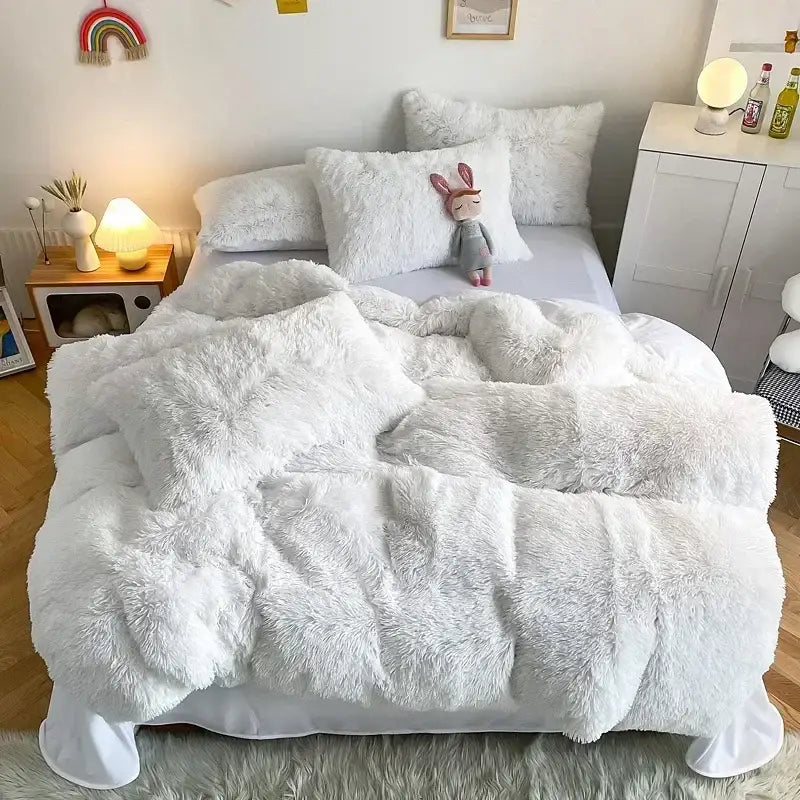 Mint green fluffy faux fur bedding set with white faux fur duvet, matching pillows, and plush bunny decorbites fluffy faux