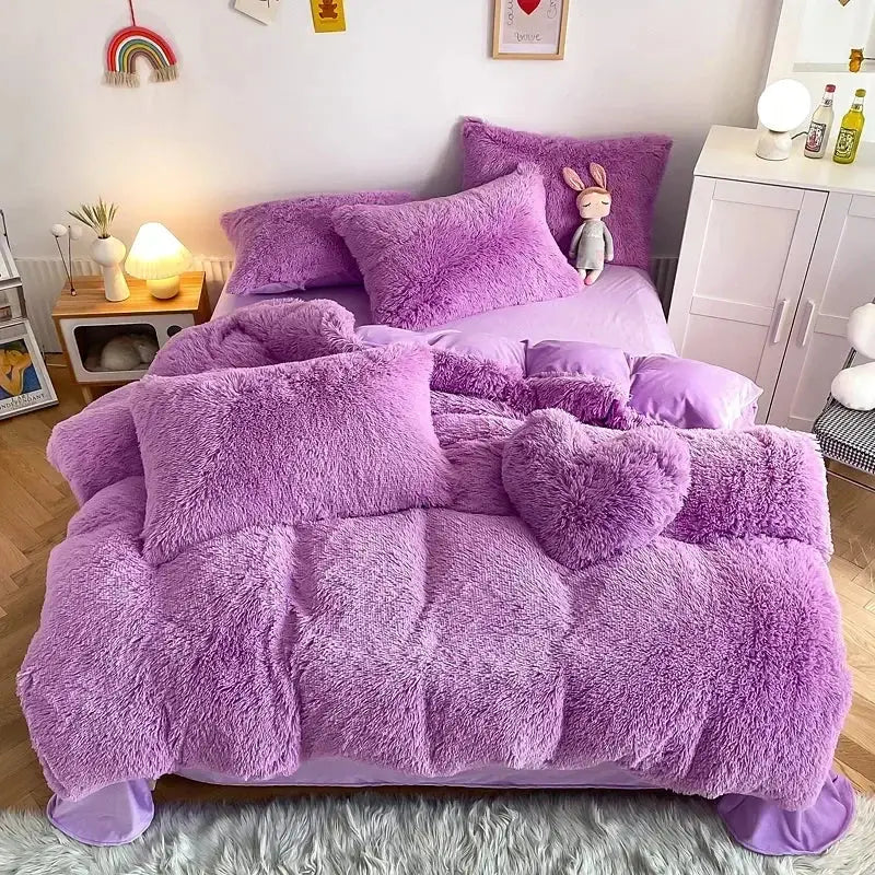 Purple fluffy faux fur bedding set with matching pillows and heart pillow from decorbites fluffy faux fur collection
