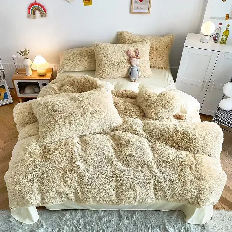 Cream-colored decorbites fluffy faux fur bedding set with soft plush texture and matching pillows for cozy bedroom decor