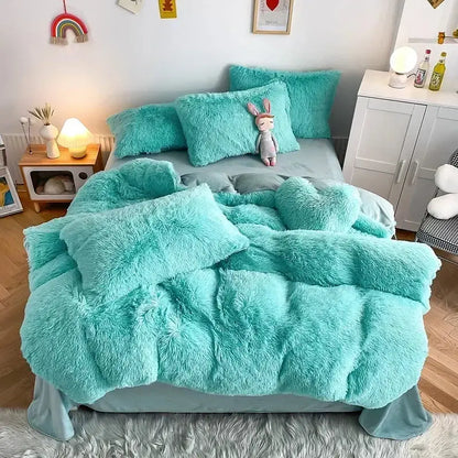 Mint green fluffy faux fur bedding set with plush turquoise faux fur texture and matching heart pillow decorbites fluffy faux