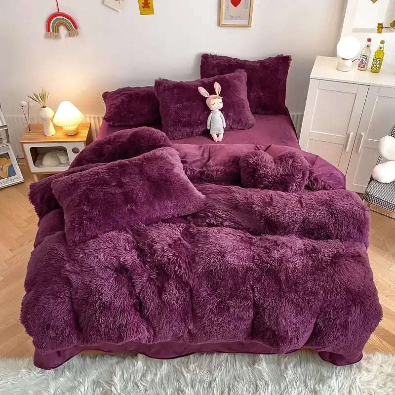 Plush purple fur bed set from decorbites fluffy faux bedding set featuring a heart pillow for bedroom decor