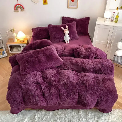 Plush purple fur bed set from decorbites fluffy faux bedding set featuring a heart pillow for bedroom decor