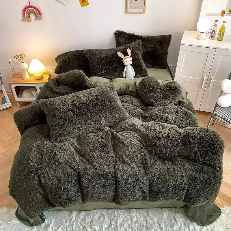 Fuzzy dark gray plush bedding set with soft shaggy texture and matching pillows for decorbites fluffy faux fur bedroom decor
