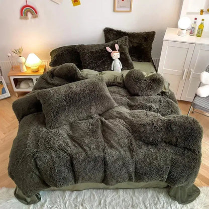 Fuzzy dark gray plush bedding set with soft shaggy texture and matching pillows for decorbites fluffy faux fur bedroom decor
