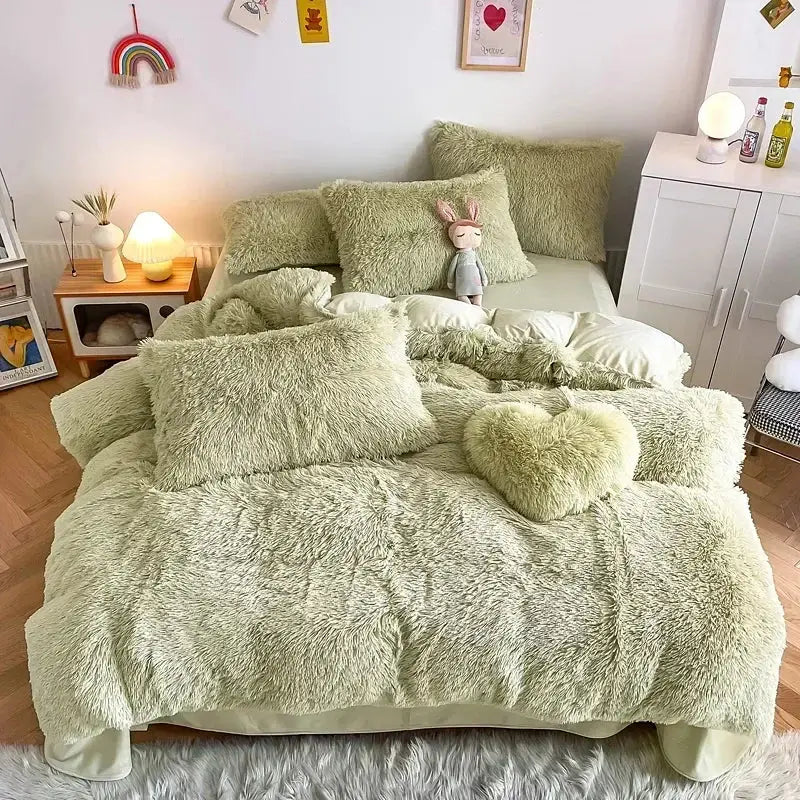 Mint green fluffy faux fur bedding set with heart-shaped pillow and matching decorbites fluffy faux pillows