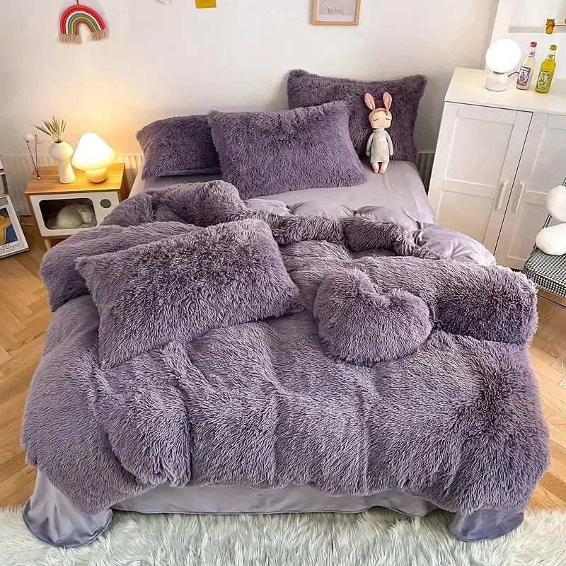 Purple fluffy faux fur bedding set with matching pillows and heart-shaped accent pillow for decorbites fluffy faux decor