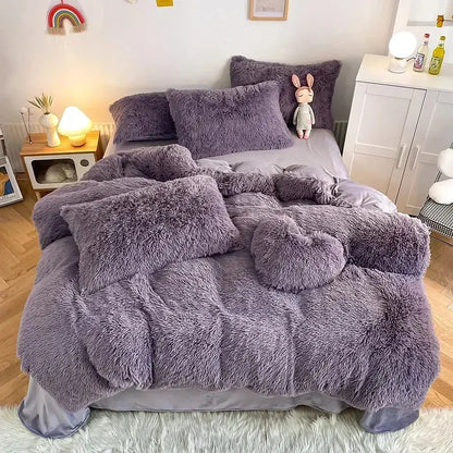 Purple fluffy faux fur bedding set with matching pillows and heart-shaped accent pillow for decorbites fluffy faux decor