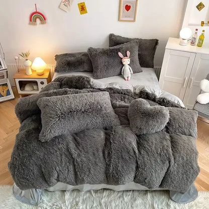Fuzzy gray plush bedding set with soft fluffy texture and matching pillows from decorbites fluffy faux fur collection