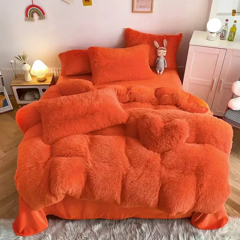 Orange fluffy faux fur bedding set with heart-shaped accents for cozy decorbites fluffy faux bedroom decor