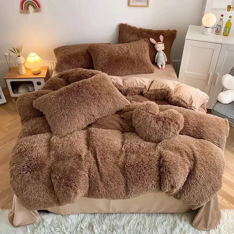 Cozy brown bedding set with decorbites fluffy faux plush texture and matching pillows for bedroom decor