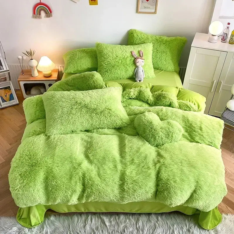 Mint green fluffy faux fur bedding set with lush lime green textured fabric and matching heart-shaped pillow decorbites fluffy faux